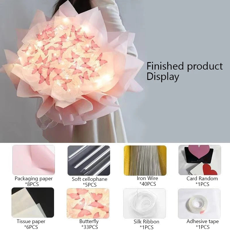 3 Colors Butterfly Bouquets Material Set With Light String DIY Wedding Decor