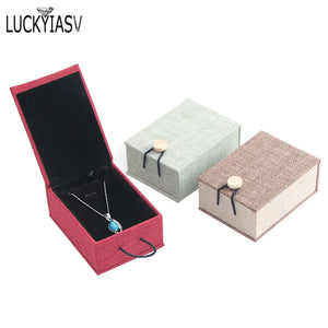 Retro Linen Pendant Box Flax Calligraphy Earring Necklace Storage