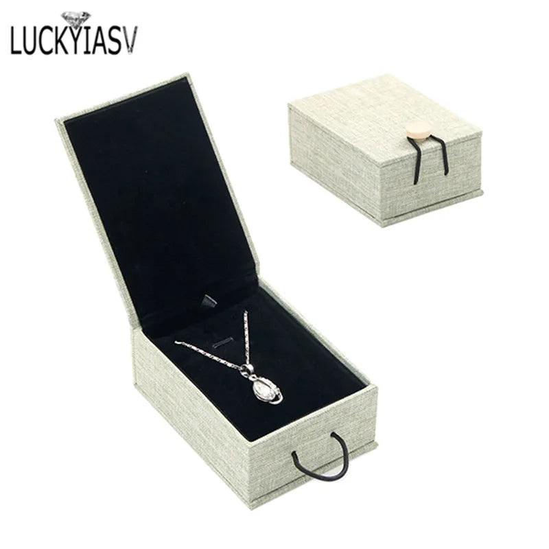 Retro Linen Pendant Box Flax Calligraphy Earring Necklace Storage