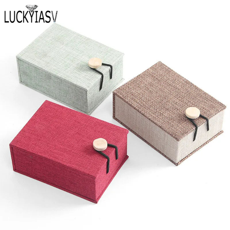 Retro Linen Pendant Box Flax Calligraphy Earring Necklace Storage