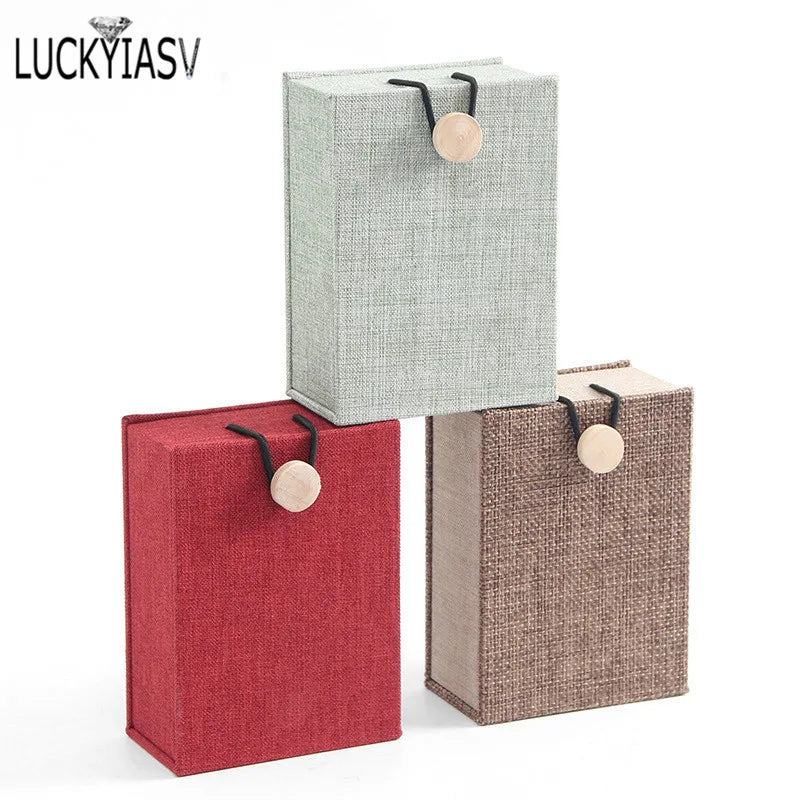 Retro Linen Pendant Box Flax Calligraphy Earring Necklace Storage