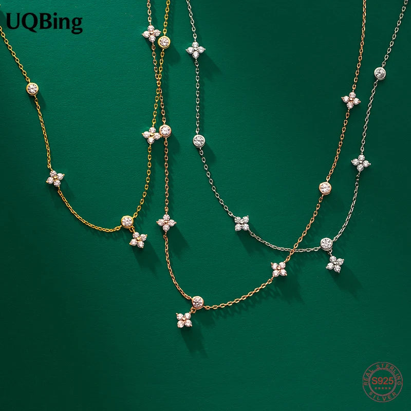 Vintage 925 Silver CZ Clover Choker Necklace Women Girls Jewelry