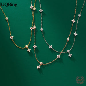 Vintage 925 Silver CZ Clover Choker Necklace Women Girls Jewelry