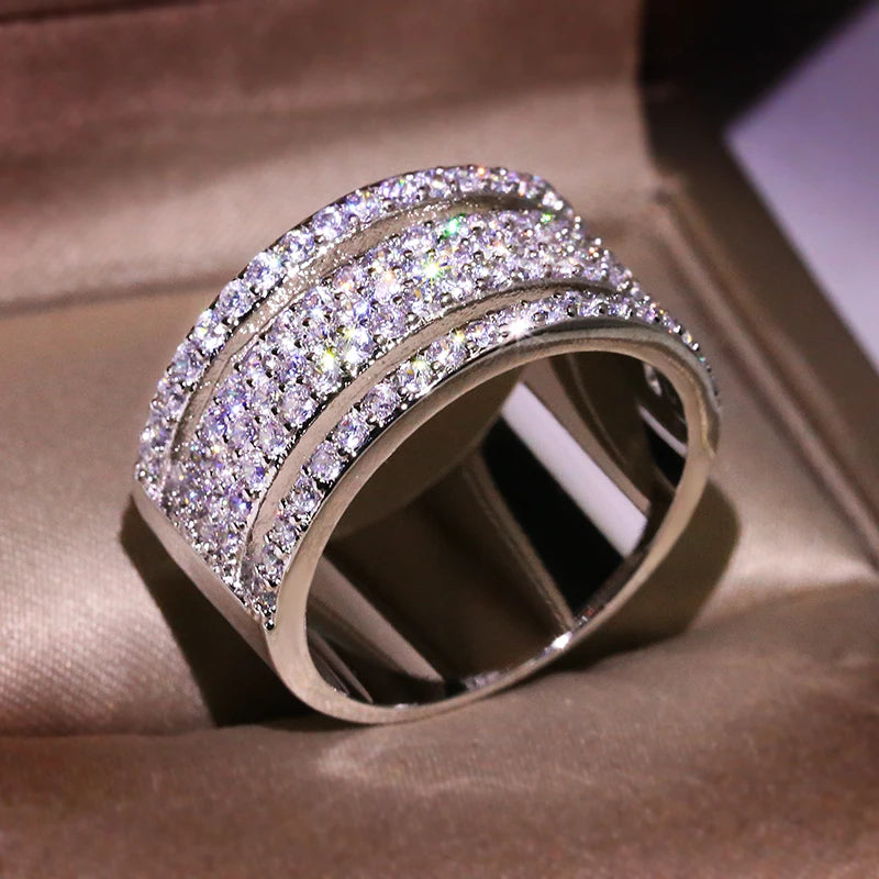 3 Layer CZ Silver Jewelry Cubic Zircon Crystal Engagement Wedding Rings