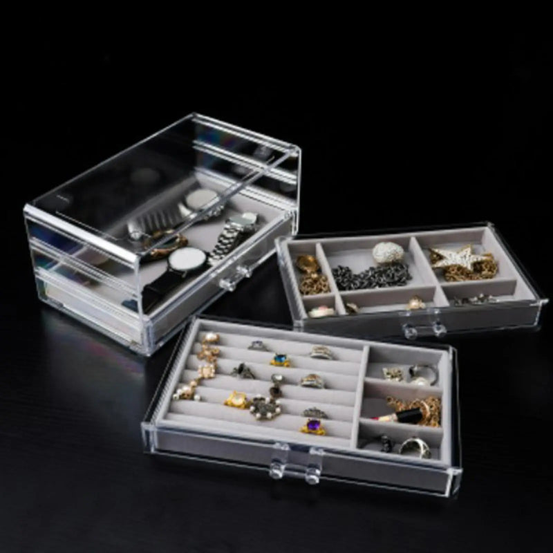 Compact 3-Layer Jewelry Box Organizer Velvet Soft Drawer Style