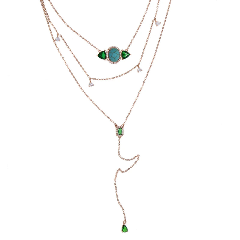 925 Silver Necklace Square Triangle Oval Turquoises CZ Layer Pendents