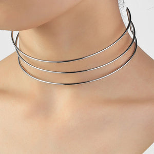 3-Layer Silver Metal Torques Choker Necklace for Women