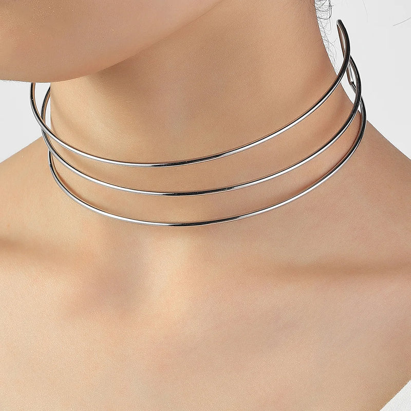 3-Layer Silver Metal Torques Choker Necklace for Women