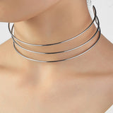 3-Layer Silver Metal Torques Choker Necklace for Women