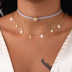 3-Layer Necklace Set Sun Star Pendant Round Bead Chain Choker for Women