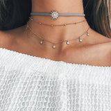 3-Layer Necklace Set Sun Star Pendant Round Bead Chain Choker for Women