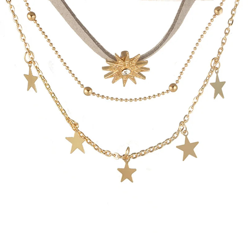 3-Layer Necklace Set Sun Star Pendant Round Bead Chain Choker for Women