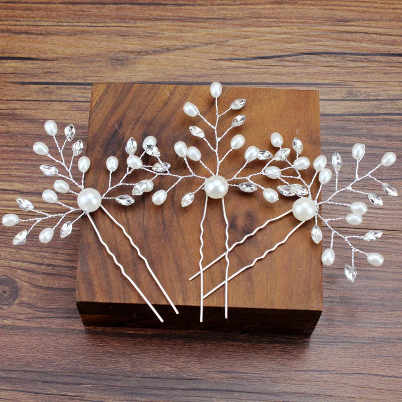 3 PCS Silver Wedding Hairpins Pearl & Crystal Bridal Hair Pin Women Bridesmaid