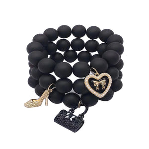 3 PCS Natural Stone Beaded Bracelets Charms Heart&Bag Pendant