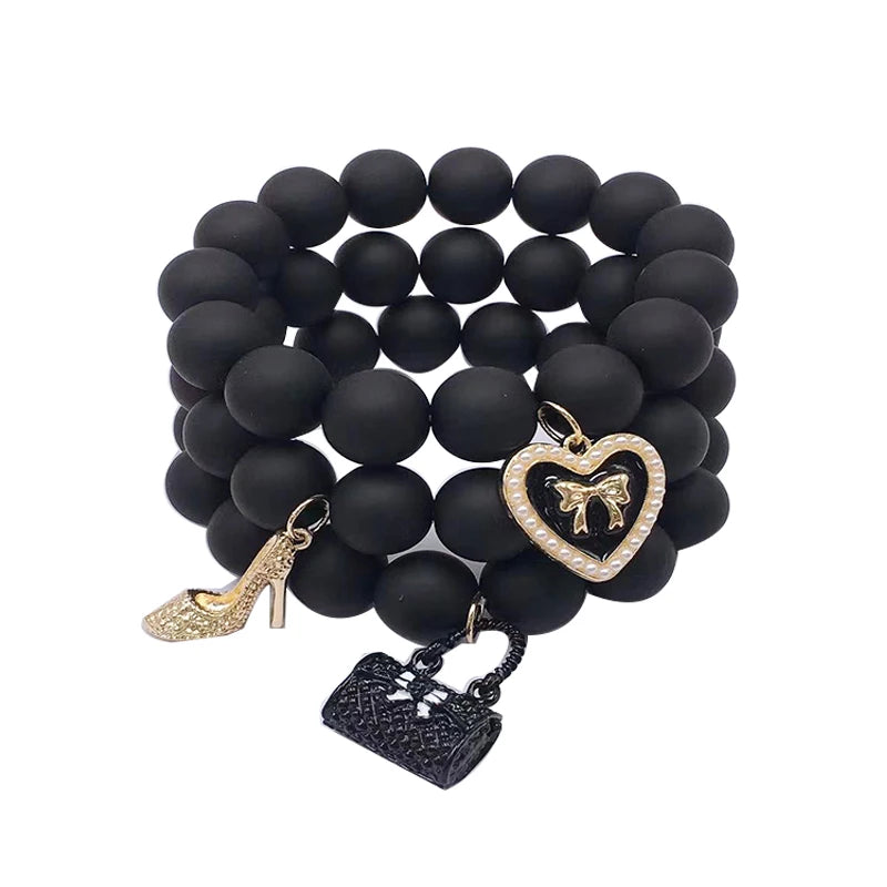 3 PCS Natural Stone Beaded Bracelets Charms Heart&Bag Pendant