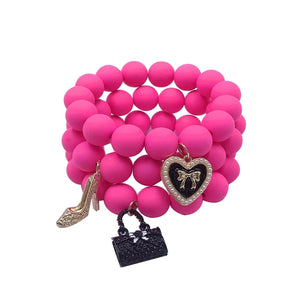 3 PCS Natural Stone Beaded Bracelets Charms Heart&Bag Pendant