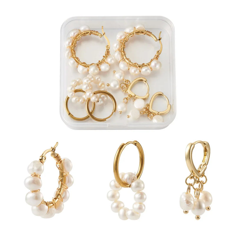 3 Pairs Golden Natural Pearl Beaded Hoop Earrings for Women Wedding Jewelry