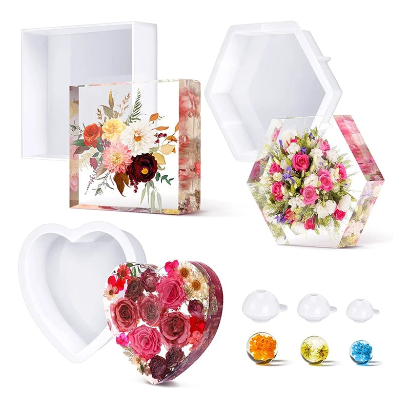 3-Pc Large Resin Molds Set - Square/Hexagon/Heart Bookends & Round Epoxy Molds