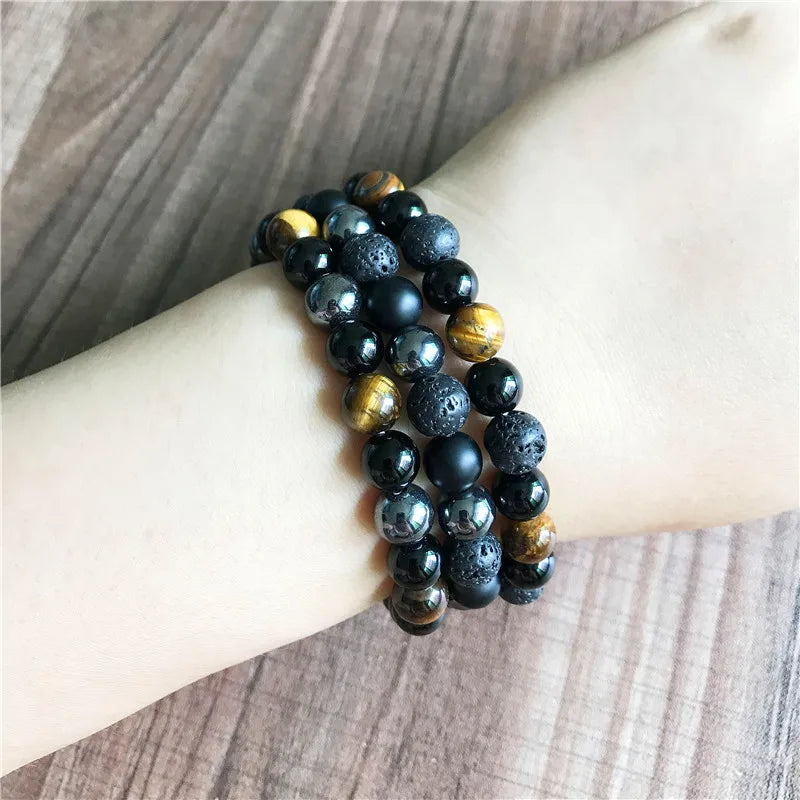 3 Pcs Set Natural Stone Bracelets Men's Yoga Wrist Gift