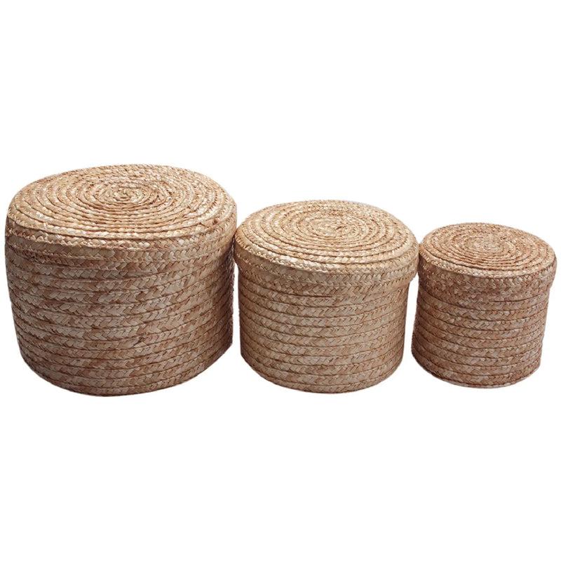 3 Pcs Straw Woven Storage Basket With Lid Organizer