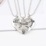 3 Pcs Heart-Shaped Sister Pendant Necklace BFF Friendship Jewelry Gift