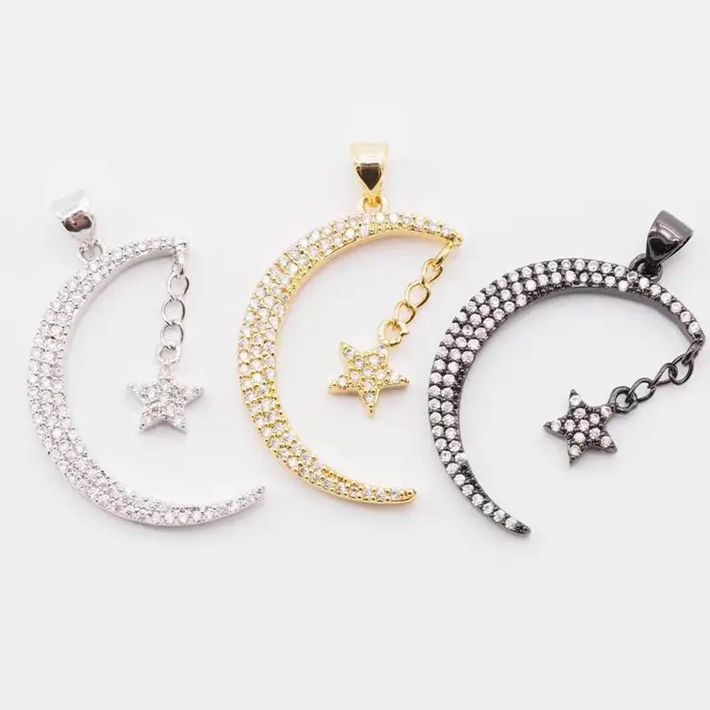 3 Pcs Micro Pave CZ Star & Moon Charms For DIY Jewelry Making