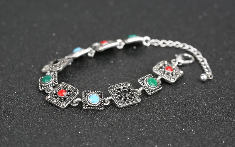 Vintage Silver Geometric Charms Chain Bracelets for Women