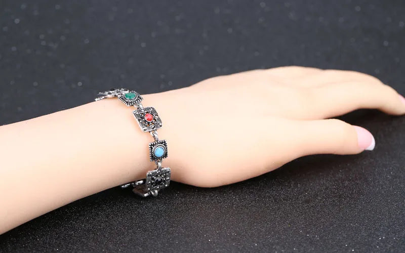 Vintage Silver Geometric Charms Chain Bracelets for Women
