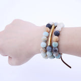 Natural Stone Beaded Bracelets Set Women Retro Matte Amazonite Pink Quartz