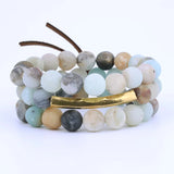 Natural Stone Beaded Bracelets Set Women Retro Matte Amazonite Pink Quartz
