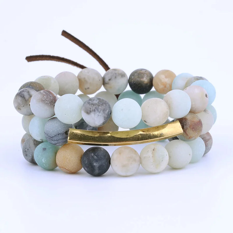 Natural Stone Beaded Bracelets Set Women Retro Matte Amazonite Pink Quartz