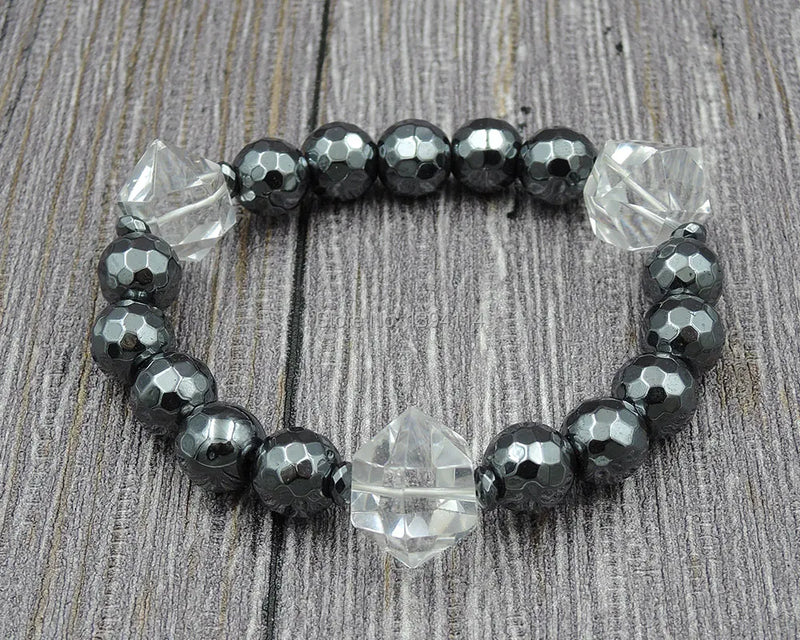 Quartz Point Hematite Bracelet Faceted Beads