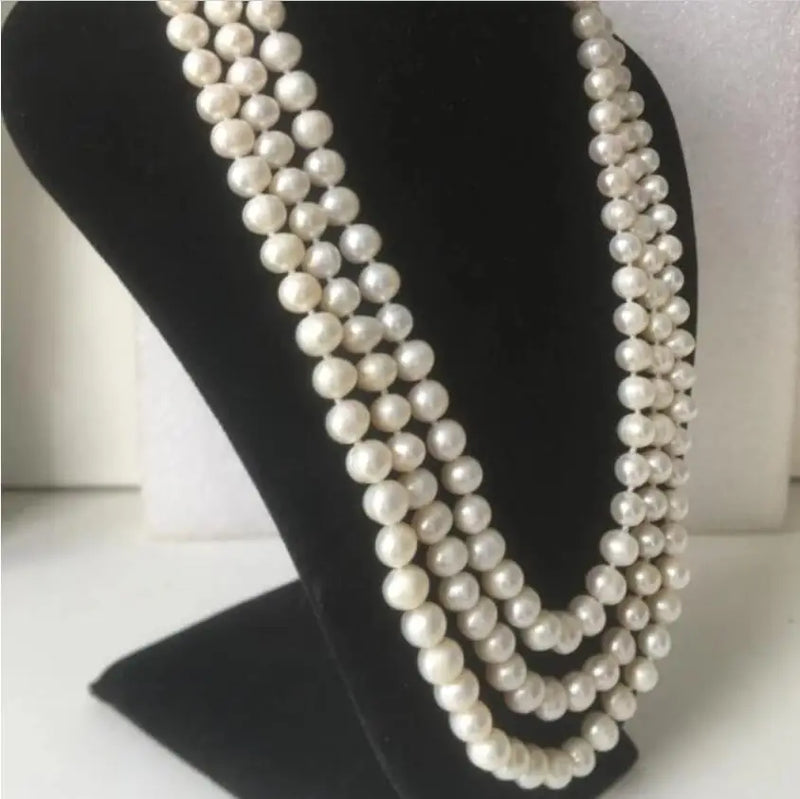 3-Row Akoya Cultured 7-8mm Pearl Necklace Women Giftword Jewelry