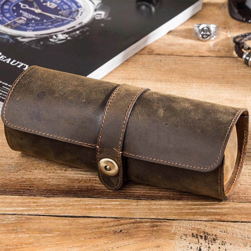 3-Slot Leather Watch Roll Travel Case Vintage Display Storage Box