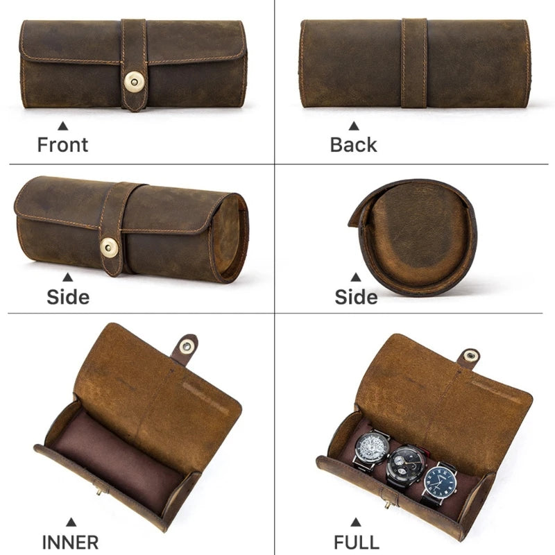 3-Slot Leather Watch Roll Travel Case Vintage Display Storage Box