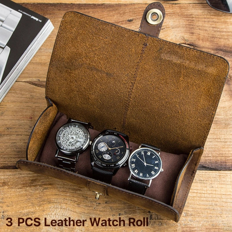 3-Slot Leather Watch Roll Travel Case Vintage Display Storage Box