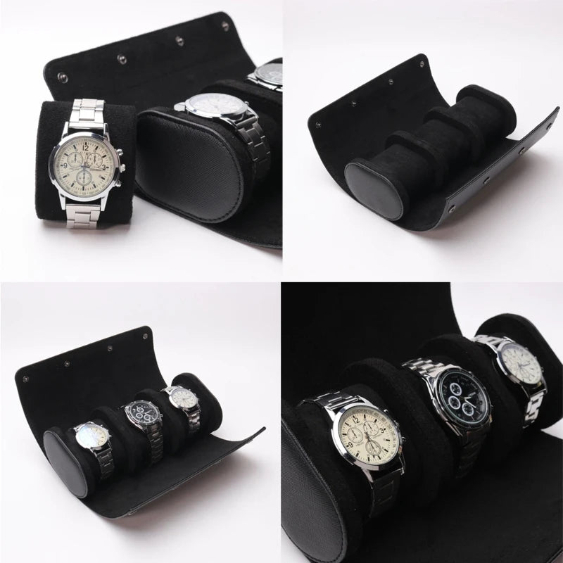 3 Slots Watch Roll Travel Case Leather Display Storage Box
