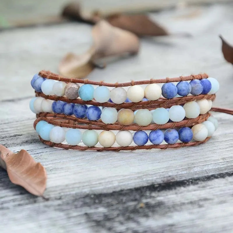 3 Strands Natural Stone Leather Bracelet 6MM Boho Vintage Bracelet