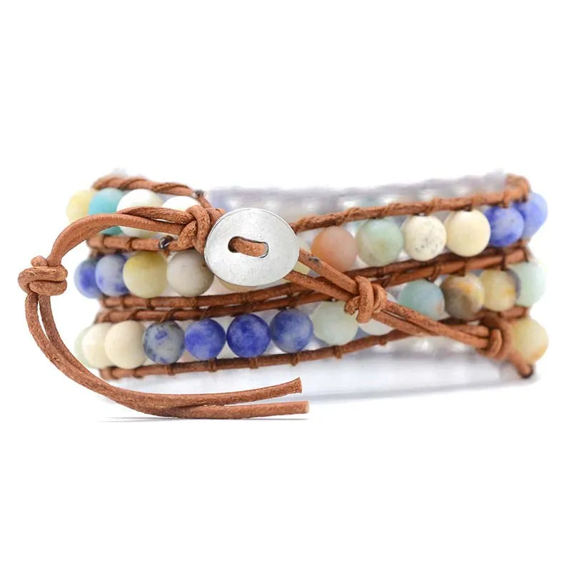 3 Strands Natural Stone Leather Bracelet 6MM Boho Vintage Bracelet