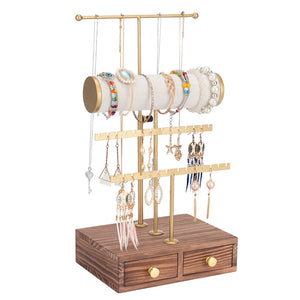 3 Tier Jewelry Stand Tower with Wooden Drawer Necklace Earring Display