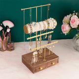 3 Tier Jewelry Stand Tower with Wooden Drawer Necklace Earring Display