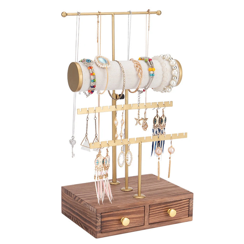 3 Tier Jewelry Stand Tower with Wooden Drawer Necklace Earring Display