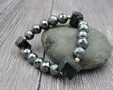 Tourmaline Point Hematite Beaded Bracelet 6-8 Inches