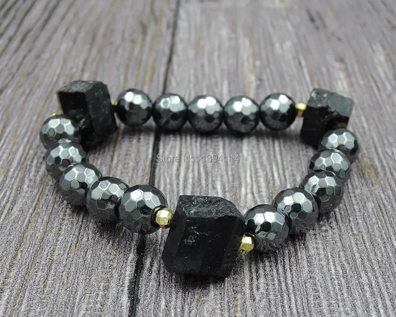 Tourmaline Point Hematite Beaded Bracelet 6-8 Inches