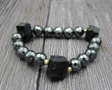 Tourmaline Point Hematite Beaded Bracelet 6-8 Inches