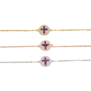 925 Sterling Silver Cross Chain Bracelet with CZ Round Disk Charm