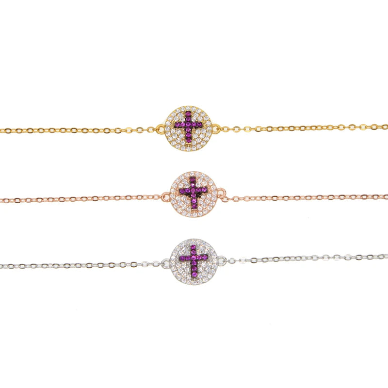 925 Sterling Silver Cross Chain Bracelet with CZ Round Disk Charm