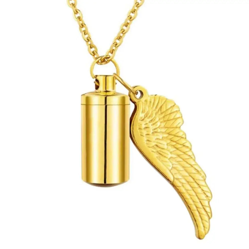 Angel Wing Cylinder Cremation Necklace - Stainless Steel Memorial Pendant