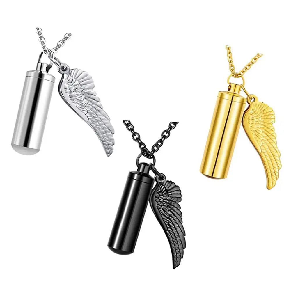 Angel Wing Cylinder Cremation Necklace - Stainless Steel Memorial Pendant