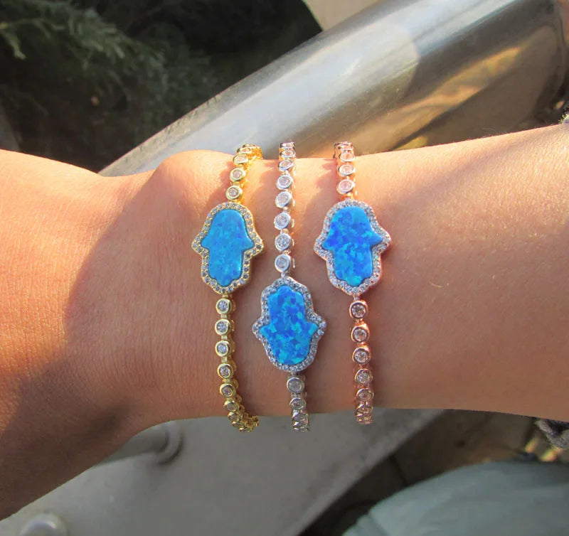 Topaz Opal CZ Fatima's Hand 925 Silver Bracelet